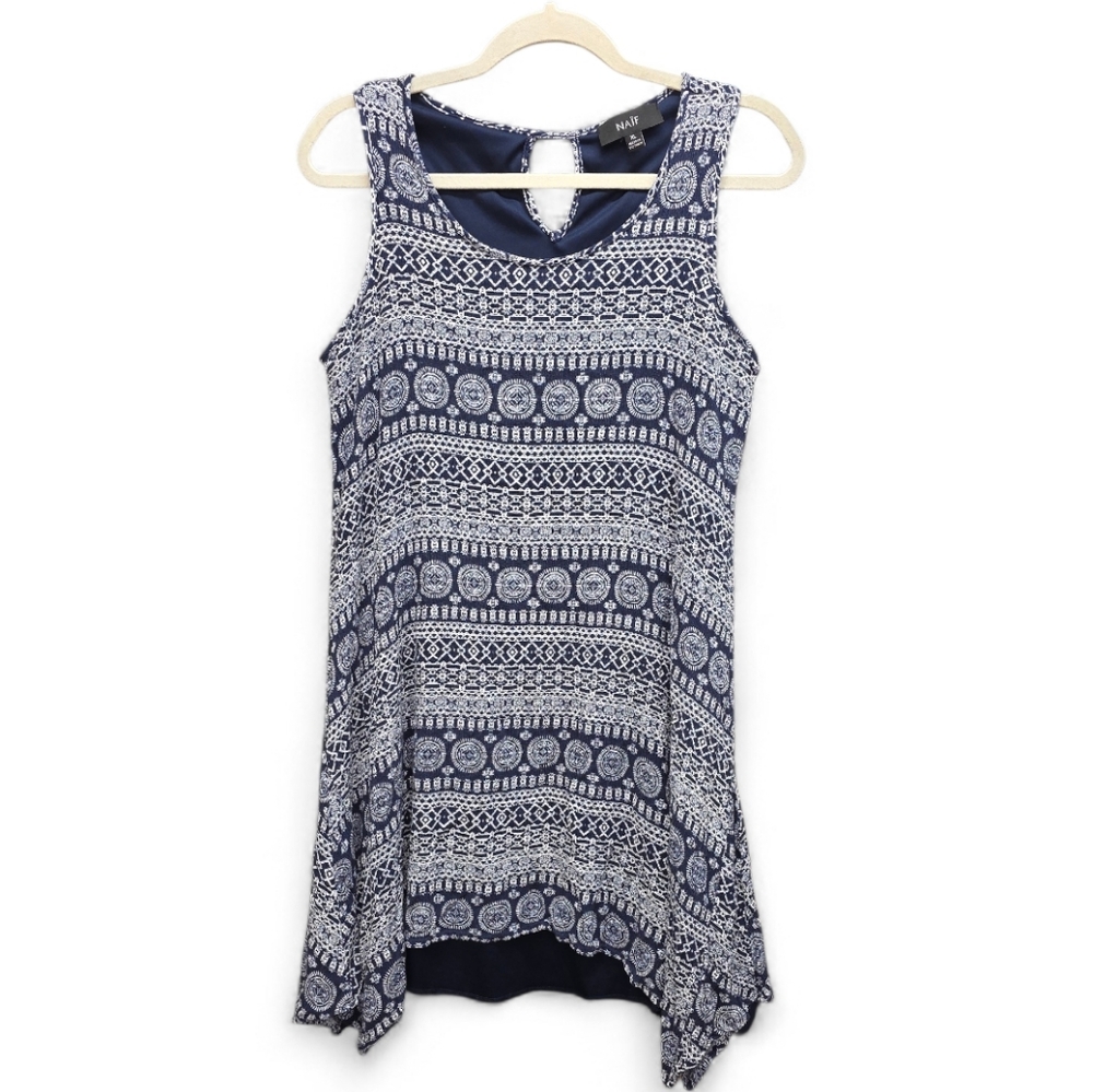 NAIF XL Navy and White Medallion Geometric Print Sleeveless Asymmetric Hem Tunic